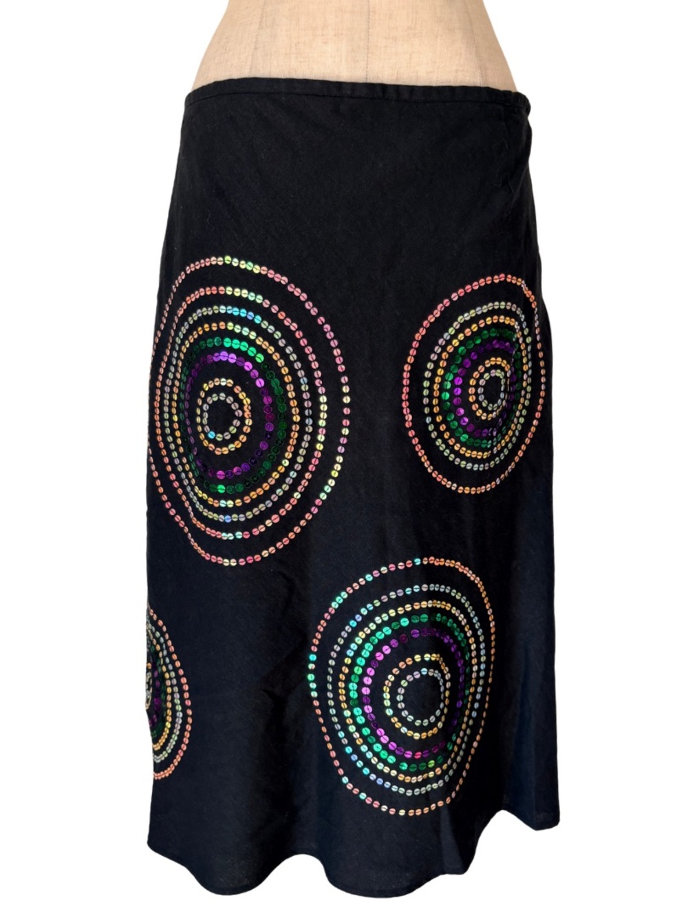 VTG Y2K Linen Sequin Colorful Circles Black Midi Pencil Skirt Retro Boho 10